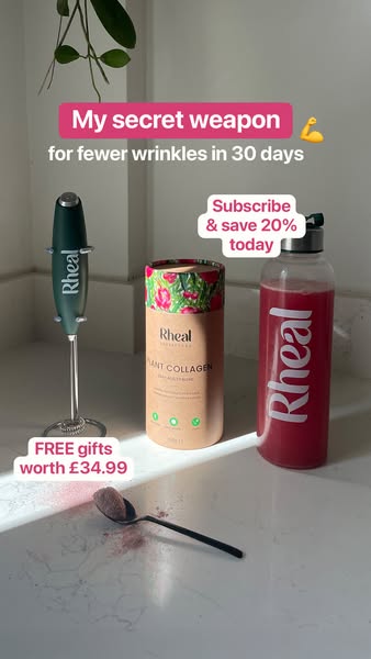 This ad showcases the Rheal Plant Collagen product and highlights its benefits for reducing wrinkles in 30 days. It also