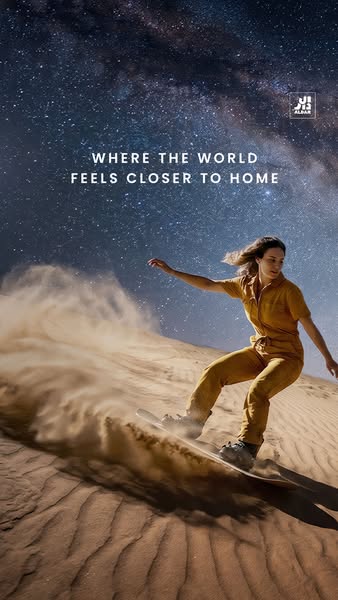 This image ad uses a cinematic, aspirational image of a woman sandboarding under a starry sky. The text suggests that th