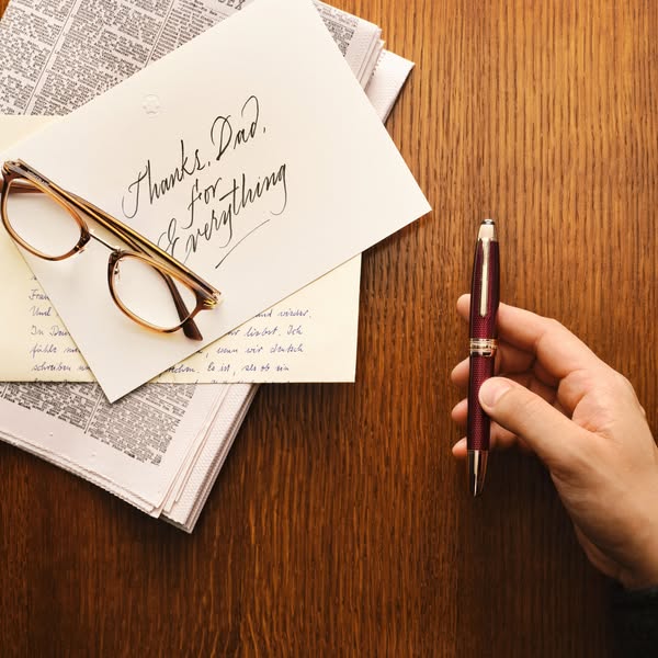 This ad features Montblanc writing products, intended to evoke a sense of nostalgia and connection. The image presents a