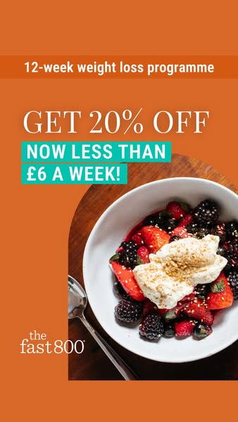 The image ad is for The Fast 800, a 12-week weight loss program. It features a bowl of berries topped with cream, with t
