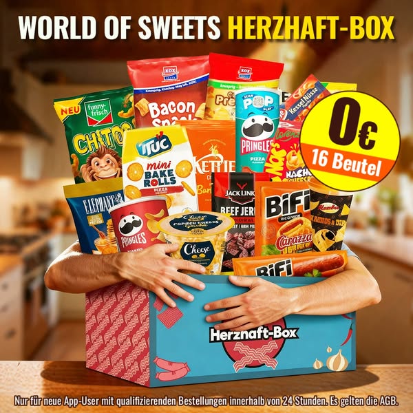 This ad is for the "Herznaft-Box," featuring an assortment of savory snacks and advertises a special offer exc