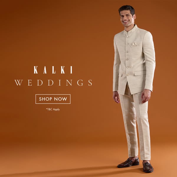 This ad features a man wearing Kalki Weddings attire. The background is a solid brown color.