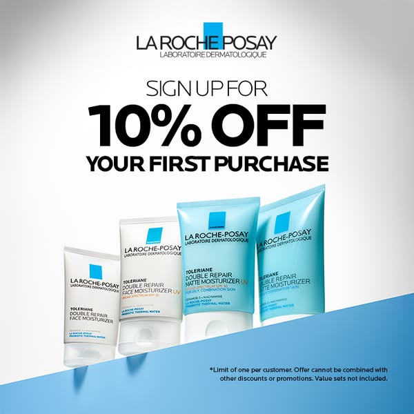 An image ad for La Roche-Posay offering 10% off a first purchase with sign up. The ad features the brand's Toleriane