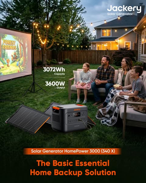 This image ad from Jackery showcases their Solar Generator HomePower 3000 (340 X) as the basic essential home backup sol