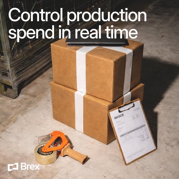 The image promotes Brex as a solution to control production spending in real time, showing boxes, a tape dispenser, a la