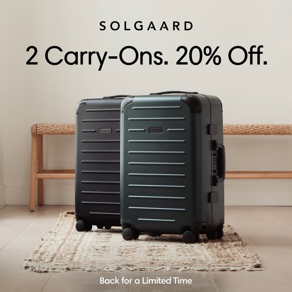 This ad promotes Solgaard's carry-on suitcases, highlighting a 20% discount on the purchase of two. The visual featu