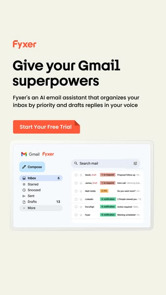 This ad promotes Fyxer, an AI email assistant that organizes your inbox and drafts replies in your voice. It invites use