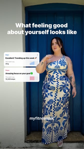 This image ad for MyFitnessPal shows a woman in a stylish dress and highlights the MyFitnessPal app's ability to tra
