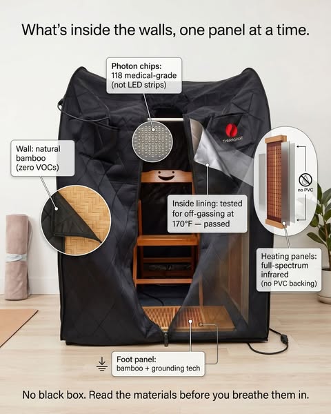 This ad showcases the Therasauna portable sauna by highlighting the materials used in each panel. The ad promotes the br