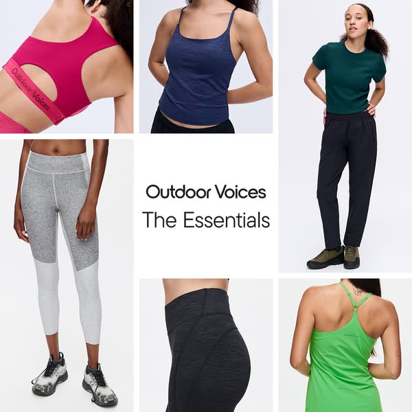 This ad features a collage of activewear essentials from Outdoor Voices. It is designed to grab attention and introduce 