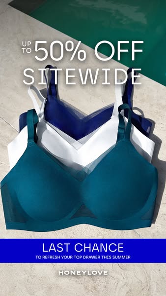 This image ad for Honeylove promotes a sitewide sale of up to 50% off with a call to action to refresh your top drawer t