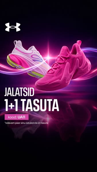 This Under Armour image ad promotes a buy-one-get-one-free offer for shoes. Two athletic shoes are displayed against a d