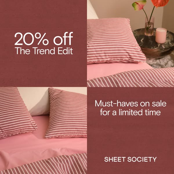This ad uses a grid layout to display images of Sheet Society bedding with an offer.