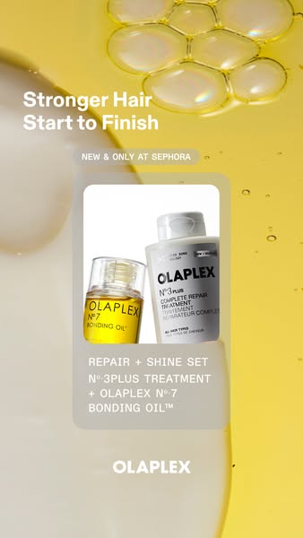 An image ad for Olaplex featuring their Repair + Shine Set. The ad highlights the product's ability to strengthen ha