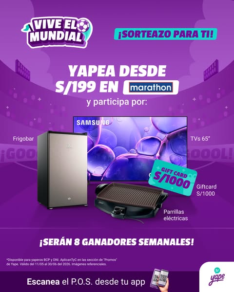 This image ad in Spanish encourages users to use Yape to participate in a sweepstakes for a chance to win prizes, includ