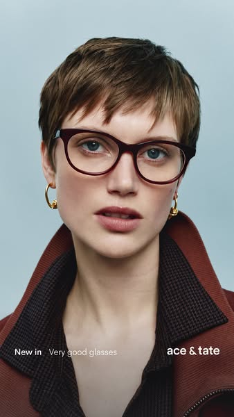 This ad features a close-up shot of a woman wearing a pair of Ace & Tate eyeglasses. The ad uses simple text overlay