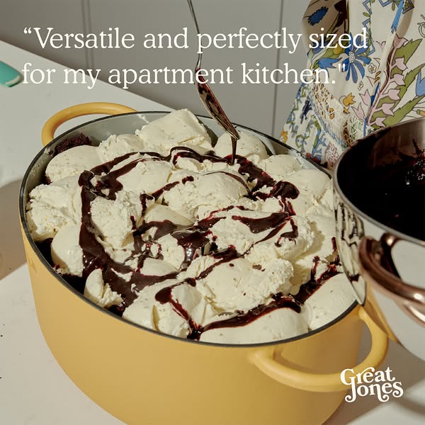 An image ad for Great Jones cookware features a yellow Dutch oven filled with dessert, with a quote about its versatilit