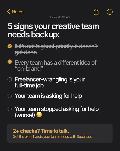 This ad, framed as a screenshot from the iOS Notes app, uses a listicle format to highlight common pain points experienc