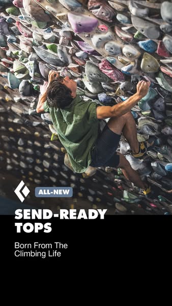 An action shot of a climber with superimposed text promoting 'send-ready tops'.