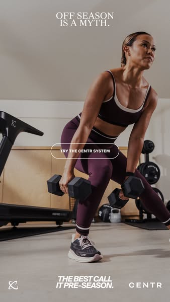 This image ad for Centr features a woman working out with weights, emphasizing that there's no 'off season' 