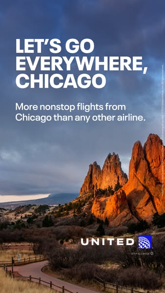 This image ad for United Airlines promotes nonstop flights from Chicago. The ad features a scenic landscape and emphasiz