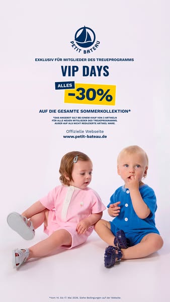 This image ad for Petit Bateau promotes a 30% discount on the entire summer collection for VIP days, targeting parents o