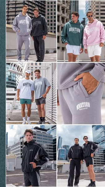A grid of images showcasing Muscle Nation's activewear, featuring various outfits and color options modeled by men i