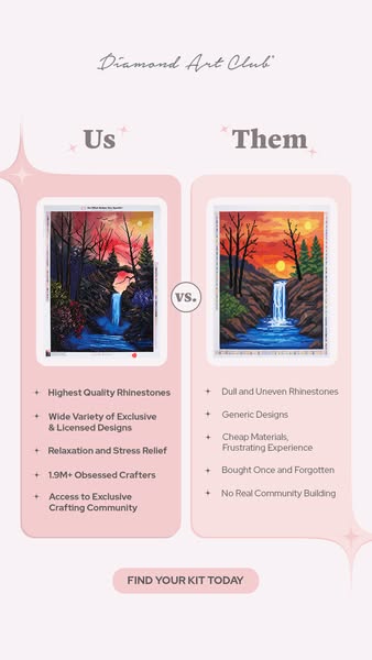 This ad compares Diamond Art Club with competitors in terms of product quality and customer experience, highlighting bet