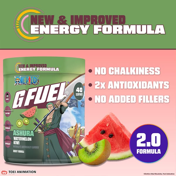 This image ad promotes G FUEL's Ashura Watermelon Kiwi energy formula, highlighting its new and improved qualities. 
