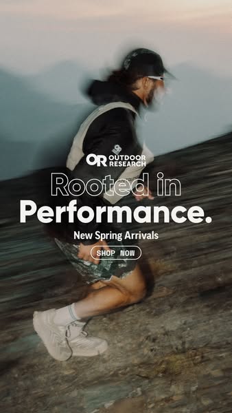 This ad for Outdoor Research features a person hiking in outdoor apparel from the brand. The ad highlights the brand'
