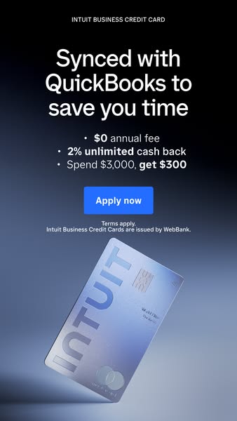 This ad promotes the Intuit Business Credit Card, highlighting its integration with QuickBooks and key financial benefit
