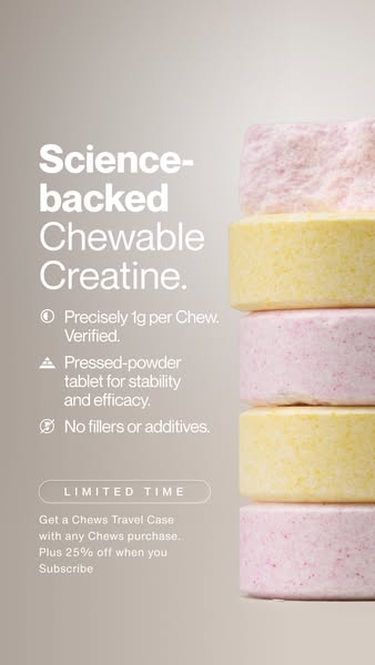 This ad highlights the features of chewable creatine tablets, emphasizing their precise dosage, stability, and lack of a