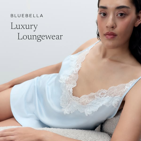 This Bluebella image ad showcases luxury loungewear with a focus on the product's design and the model's relaxed