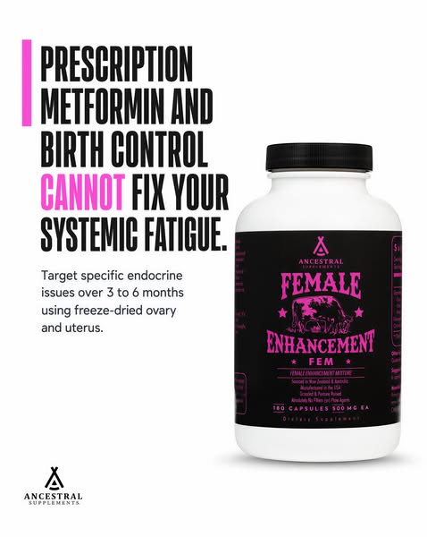 An Ancestral Supplements ad for Female Enhancement Mixture showing a bottle of the product and highlighting the ingredie