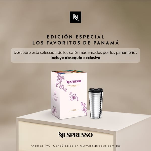 This ad showcases the Nespresso Edición Especial Los Favoritos de Panamá coffee pod box, highlighting the gift with purc