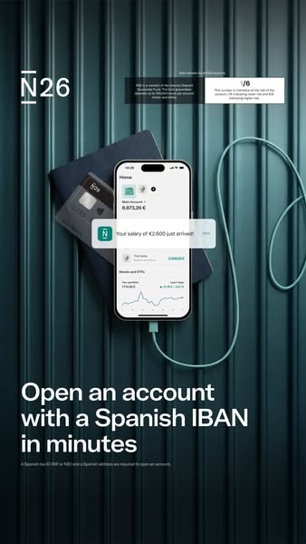 This ad for N26 promotes opening an account with a Spanish IBAN in minutes. It emphasizes the ease and accessibility of 