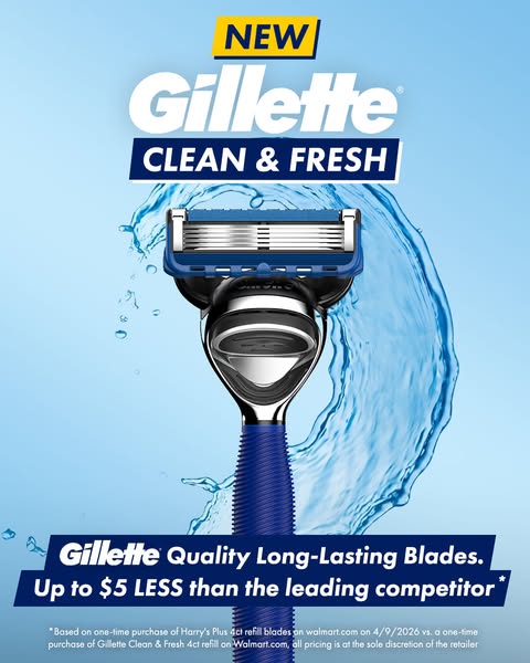 The ad showcases a Gillette razor with clean background and foreground details, emphasizing its quality and affordabilit