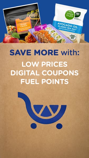 The ad shows a paper bag filled with groceries including sushi, avocado oil potato chips, and orange chicken. The ad pro