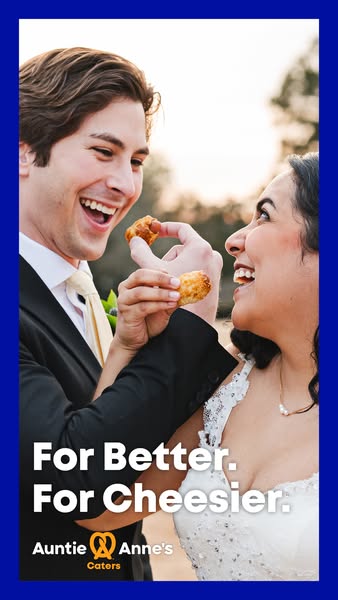 This image ad for Auntie Anne's promotes their catering services for weddings, featuring a bride and groom feeding e