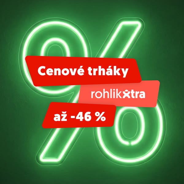 This ad features a neon percentage sign with text overlays promoting price reductions on Rohlik Extra.