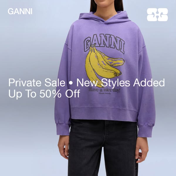 This image ad is promoting a private sale from GANNI, offering up to 50% off new styles. It features a woman wearing a p
