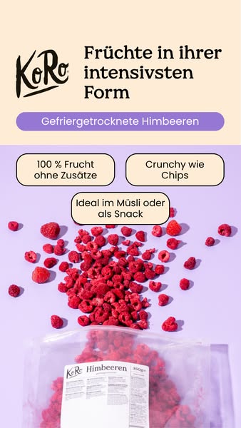 This image ad for KoRo promotes freeze-dried raspberries, highlighting their intense flavor and versatility as a snack o
