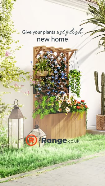 The ad showcases a wooden planter box with a trellis, offering a stylish new home for plants. The Range, the brand being