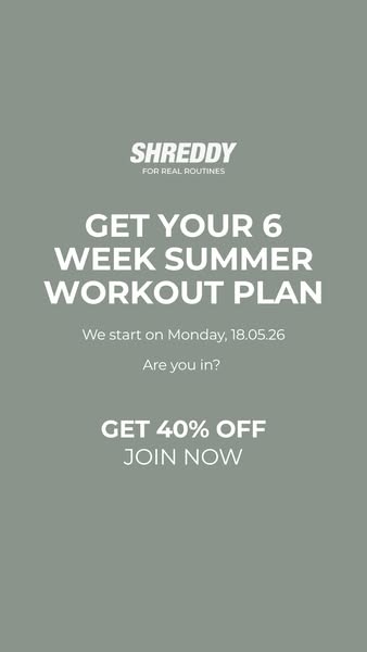 This ad is for Shreddy, a fitness brand, and promotes their 6-week summer workout plan with a 40% off discount.