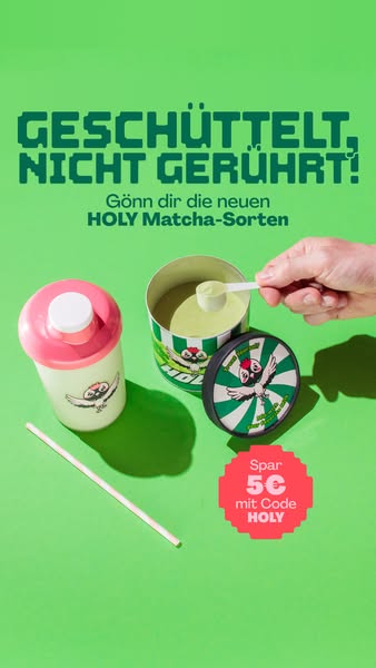 This ad for Holy Matcha features various matcha products and is promoting 5€ off with a special code.