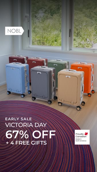 This image ad promotes NOBL brand suitcases with an early Victoria Day sale offering 67% off and 4 free gifts. Seven dif