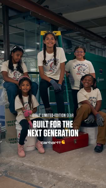 This image ad promotes Carhartt's limited edition gear for girls. It showcases five young girls wearing Carhartt shi