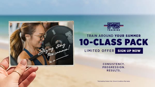 This image ad promotes F45 Training's summer class pack. It features an image of a woman lifting weights inside a po