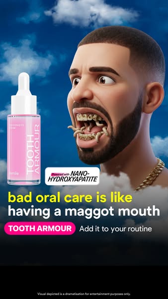 This ad uses shock value and humor to emphasize the importance of good oral care, positioning Tooth Armour as an easy ad
