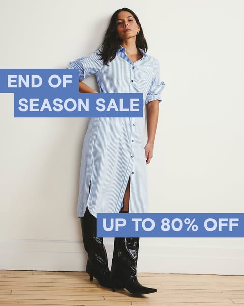 This ad promotes an end-of-season sale with a significant discount. It features a model wearing a striped dress and boot